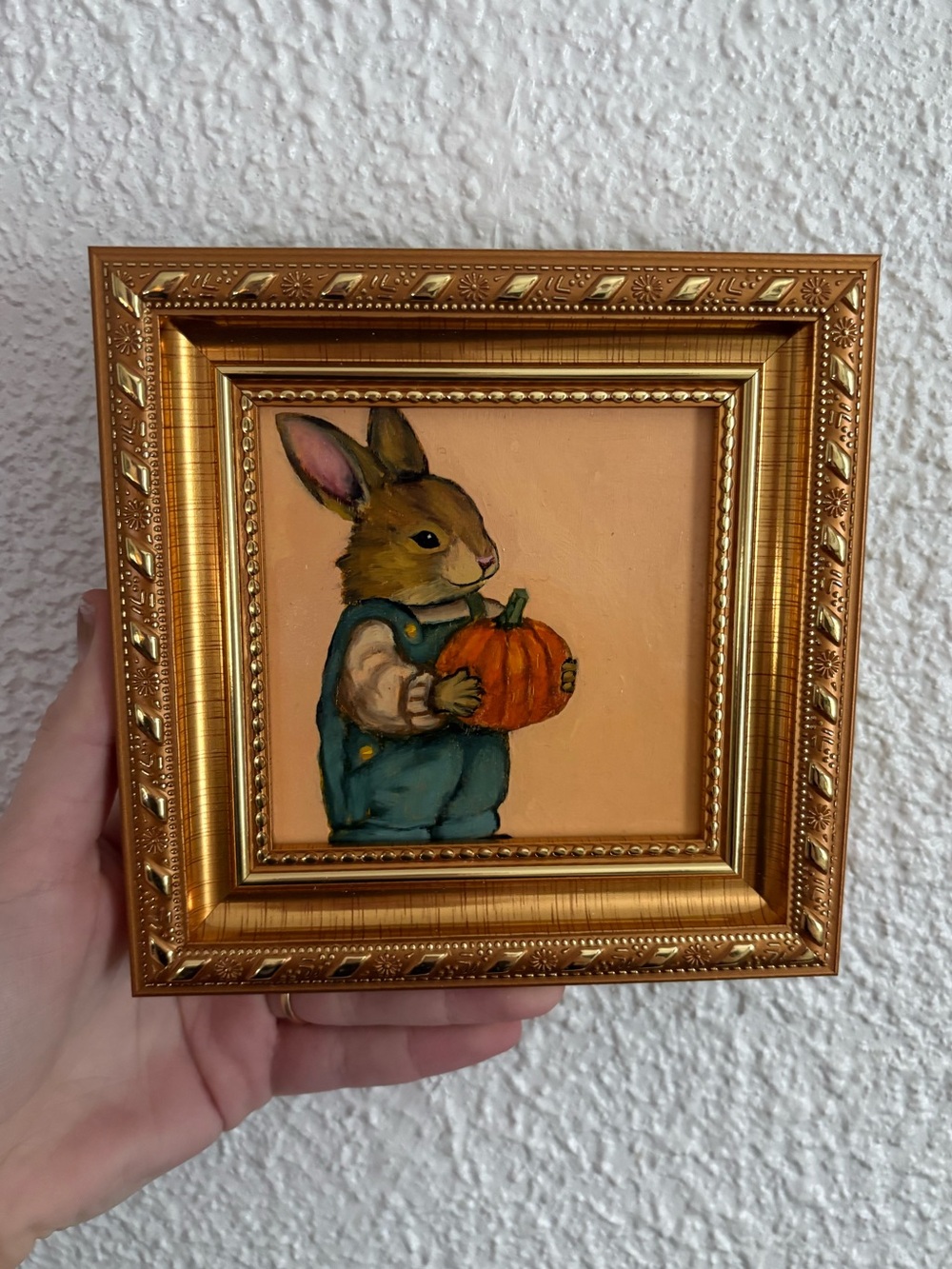 "Country Pumpkin Bunny” Original oil painting on wood board mini framed 4x4"